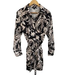 Boston Proper Black Tan Paisley Floral Button Front Shirt Dress Belted Medium